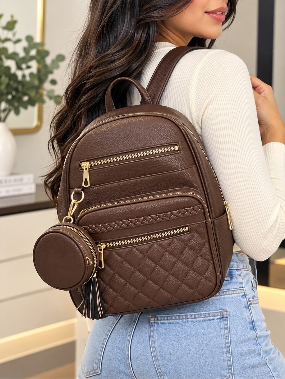 Classic Quilted Brown Women's Backpack with Coin Pouch